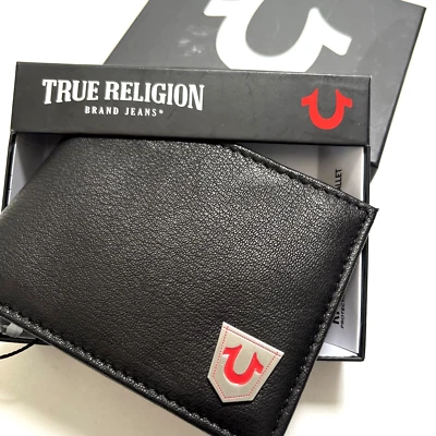 NWT TRUE RELIGION Slim Bifold Wallet Leather Logo Black Boxed ID Horner RFID X