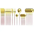 JASHII Flatware Serving Set 24 Piece Stainless Steel Silverware Set Pink Gold Cu