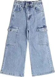 [Kidscool Space] Toddler & Big Child Wide-Leg Cargo Jeans, 18M-14T Ribbed Waist Denim Pants,Light Blue,10-11 Years