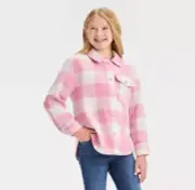 Girls' Plaid Button-Front Long Sleeve Shacket - Cat & Jack Dusty Pink