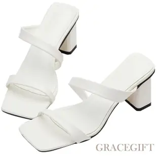 【Grace Gift】極簡方頭細帶中高跟拖鞋
