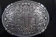 Nocona Western silver tone Belt Buckle Oval Rope Edge 3 Cross Scrolling 37980