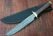 CUSTOM HANDMADE DAMASCUS STEEL BOWIE KNIFE ROSE WOOD HANDLE & LEATHER SHEATH