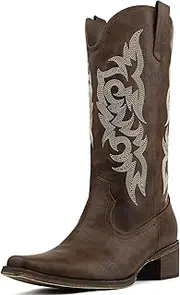[MISSMILLER] Women's Cowboy Boots Mid Calf Cowgirl Boots Embroidered Western Pointed Toe Chunky Heel Pull On Boots