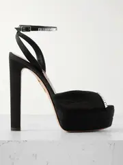 [Aquazzura] Aquazzura - Be Mine Plateau 130 Crystal-embellished Grosgrain-trimmed Pleated Chiffon Platform Sandals - Black - IT41 IT 41 Black