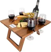KOMOREBI Portable Folding Wine and Champagne Picnic Table - Lightweight Custom Acacia Wood Table - Foldable Legs, Food-Safe Top, Bottle & Glass Holders - Perfect for Camping, Beach, Outdoor Dinner