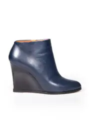 Navy Leather Pointed Toe Wedge Boots