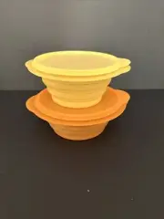 2 Tupperware Flat Out Bowl Collapsible 3 & 4 Cup Containers Orange Yellow New