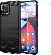 LCEHTOGYE Carbon Fiber Cover for Motorola Edge 30 Fusion + 2 Tablets HD Tempered Glass,Shell TPU Bumper Protective Back Case - Anti-Scratch Screen Protector for Motorola Edge 30 Fusion (6,55") -Black