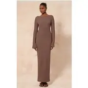 Taupe Textured Boat Neck Backless Long Sleeve Maxi Dress, Taupe