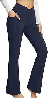 asntrgd Yoga Pants with Pockets for Women Casual V Cross High Waist Butt Lifting Pants Wide Leg Flare Bootcut Leggings