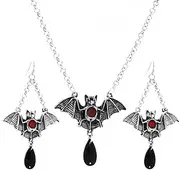 [Kefley] Halloween Bat Earrings Necklace Set for Women Silver Goth Gothic Vampire Costume Accessories Girls
