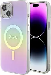 Guess Script Case with MagSafe for iPhone 15 Plus, Iridescent Pink