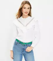 Ann Taylor LOFT White Clip Ruffle Long Sleeve Crochet Button Blouse Sz M Cotton