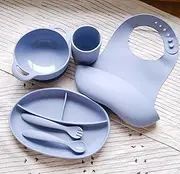 Silicone Baby Feeding Set - 6 in one - Spoon, Folk, Bib, Cup, Bowl and Placemet - BPA Free - Waterproof (Laeden)