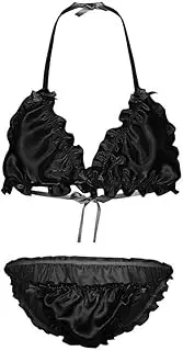 [WANFJ] Sexy Lingerie for Women Sets Ruffle Bow Tie Sissy Lingerie Set Mens Backless Strappy Bra Low Waist Panties