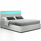 New LED Bed Frame Double Full Size Gas Lift Base With Storage White Leather