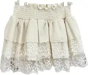 [POMN] French Lace Stretch Skirt - High Waist Flared Mini Skirt with Elastic Band, Anti-Slip Lining & Pleated Detail A-Line Skirt