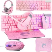 Orzly Pink Gaming Keyboard and Mouse Headset Mouse pad Wired LED RGB Bundle