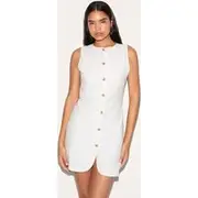 Tall White Linen Look Button Down Bodycon Dress, White