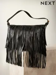 Black Leather Fringe Boho Shoulder Bag (AB4302) | $161