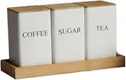 Justivana 3PCS Set Tea Coffee Sugar Canister Set with Tray Iron Tea and Coffee Jars with Bamboo Lid Coffee Sugar Tea Containers B