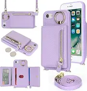 SunYoo for iPhone SE 2022 / SE 2020 Crossbody Case with Card Holders Money Slots Zipper Coin Purse Rotatable Ring Kickstand Cover Wristlet Strap Lanyard Litchi Leather Wallet for iPhone 8 7 Purple