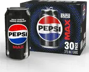 Pepsi Max Zero Sugar Cola Soft Drink, 30 x 375ml