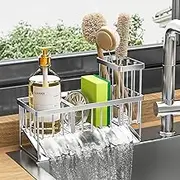 Kitchen Sink Caddy, ManKami 304 Stainless Steel Sink Caddy Sponge Holder with High Brush Holder, Kitchen Sink Organzier Dish Sponge Organizer with Divider