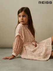 Reiss Pink Allie 9-13 yrs Metallic Jacquard Print Puff Sleeve Dress (E26477) | $140