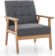 Giantex Mid-Century Modern Accent Chair, Button Tufted Upholstered Armchair with Breathable Linen Cloth & Solid Rubber Wood Frame, Cushioned Leisure Sofa Chair for Living Room, Bedroom, Study, Grey