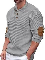 [JEShifangjiusu] Mens Quater Button Pullover Shawl Collar Sweaters Textured Cable Knit Lightweight Sweater with Elbow Patches