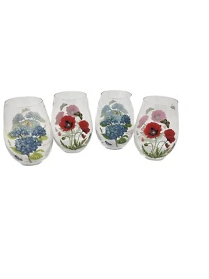Portmeirion Botanic Garden Stemless Wine Glasses Set of 4 Poppy And HYDRANGE NEW