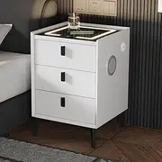[OIKITURE] Wireless Charging Bedside Table with Speaker and Touch Switch 3 Drawers Smart Bed Side Table White