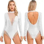 [iEFiEL] Women's One Piece Jumpsuit Sequin Ballroom Latin Costume Fringes Dance Leotard Long Sleeve Tassel Bodysuit