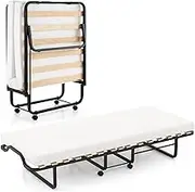 Giantex Folding Bed with Mattress, Roll Away Guest Bed for Adult, Space-Saving Fold-Up Bed for Easy Storage, Portable Metal Bed Frame with Memory Foam Mattress, 2 Lockable Wheels