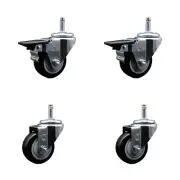 3 Inch Black Poly Wheel Swivel 7/16 Inch Grip Ring Stem Caster Set 2 Brakes