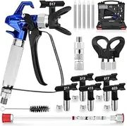 16 Pcs 3600 PSI High Airless Paint Sprayer Gun with Tip Guard,Airless Spray Tip,Filters,Hose Swivel Joint,10Inch(25CM) Spray Painted Extension Pole and Storage Box.(211, 313, 415, 517, 623)