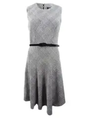 DKNY Women's Belted Asymmetrical-Hem Dress (12, Black/Cloud)