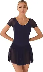 [Hedmy] Women's Ballet Dance Leotards with Skirts Sheer Mesh Short Sleeve Ballerina Dress with Built-in Bra