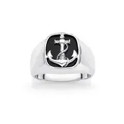 Silver Black Agate Anchor Gents Ring