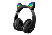 Cat Ear Wireless Over Ear Bluetooth Headphones LED Light Up Foldable Adjustable-Black