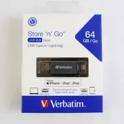 NIB Verbatim 49301 Store 'n' Go 64 GB USB-A to Lightning Flash Drive