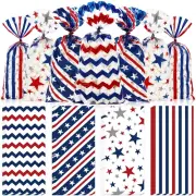 160Pcs Patriotic Cellophane Treat Bags Star Wave Stripe Clear Plastic Candy Trea