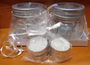 NEW ASHLAND~Glass Tealight Jar w/Handle Candle Holder Set w/4 Candles~SPRING SET