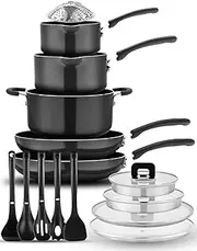 [Nutrichef] Kitchenware Cookware, Non-Stick Pans and Pots with Foldable Knob, Space Saving, Stackable, Nylon Tools, Induction Base, Black (17-Piece Set), One Size