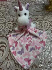 SECURITY BLANKET & UNICORN PLUSH TOY LITTLE BEGINNINGS WHITE PINK BUTTERFLIES