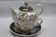 GRACE TEAWARE FLORAL SCROLL TEA FOR ONE-TEAPOT LID CUP & SAUCER-4PC-BLACK/WHITE