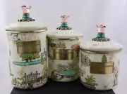 SET OF 3 MACKENZIE CHILDS ENAMEL AURORA CANISTERS – MINT