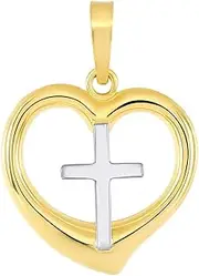 [Jewelry America] 14k Two-Tone Gold Religious Cross Charm in 3D Heart Charm Pendant
